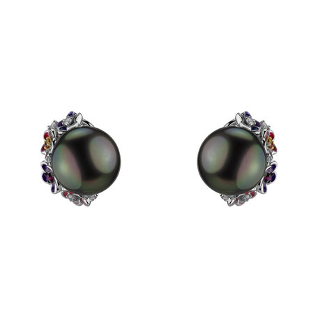 Náušnice s perlou, diamanty, rubíny a safíry Gremoria
