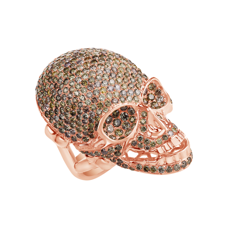 Prsten s bílými a hnědými diamanty Diamond Skull